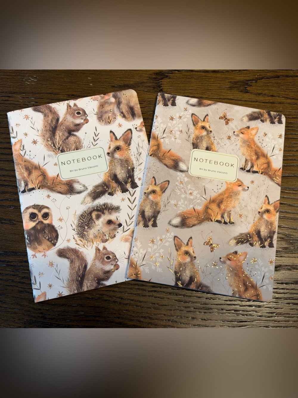 Set of 2 Woodland Creature Design Gold Foil Detail Soft Touch Notebook Journals